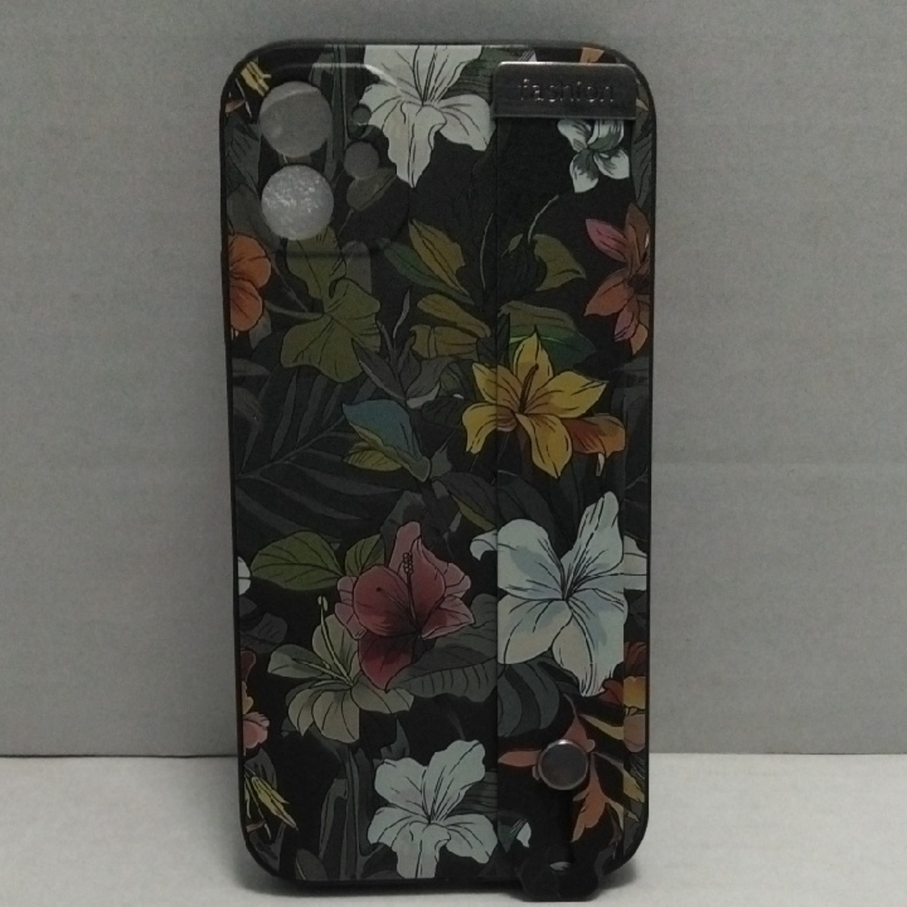 Floral Black iPhone 11 Case With A Hand Strap To Hold The‎ Phone.